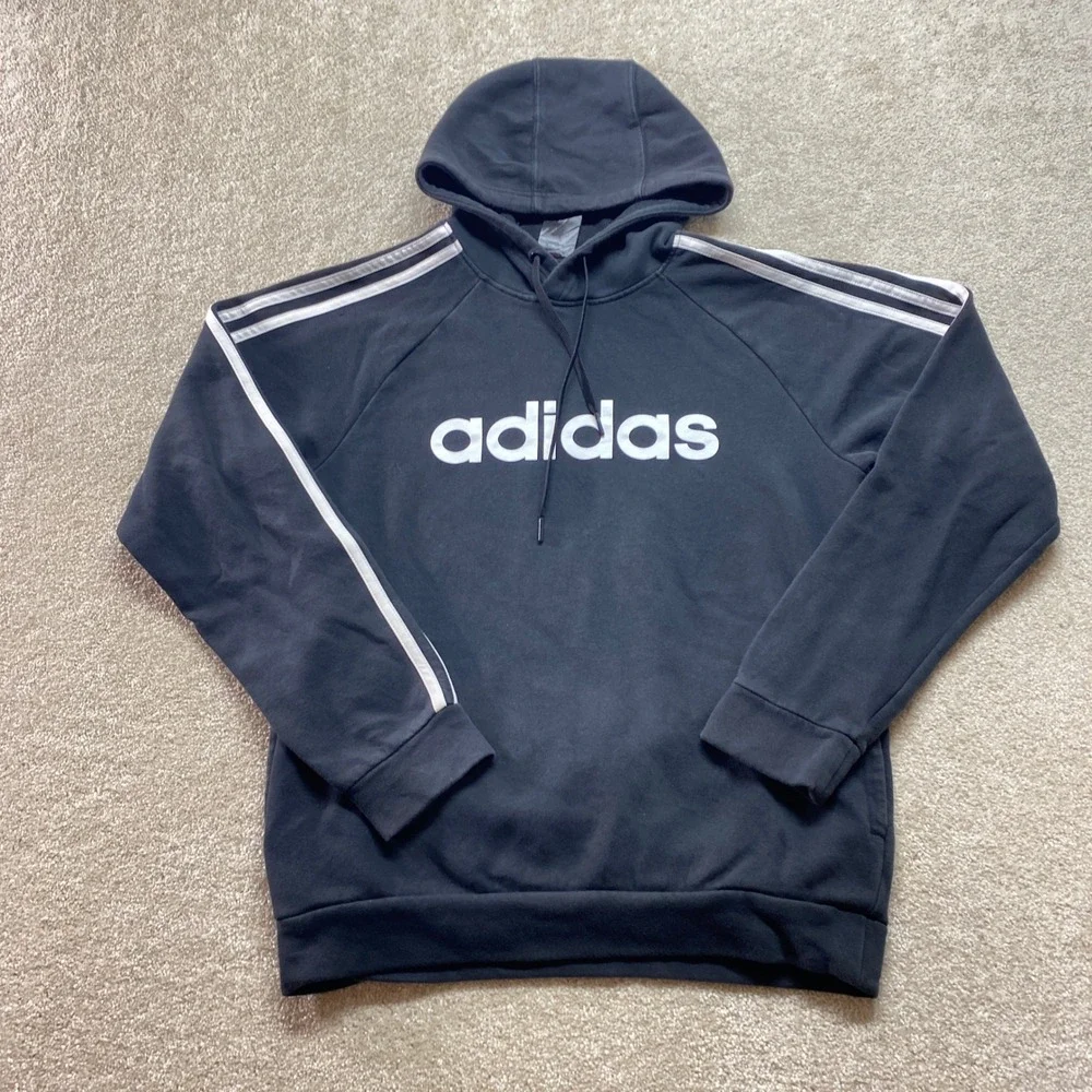 Adidas Sweatshirt Mens Small Black Hoodie with‎ White Stripes Long Sleeve